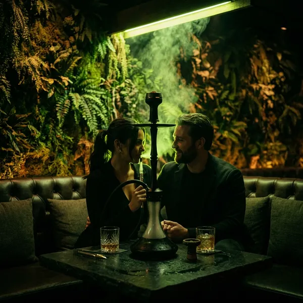 Pareja disfrutando shisha premium en terraza de villa de lujo en Marbella — BOSK